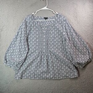 Talbots Lightweight Top Blouse Women XL Geometric Balloon Sleeve White Blue